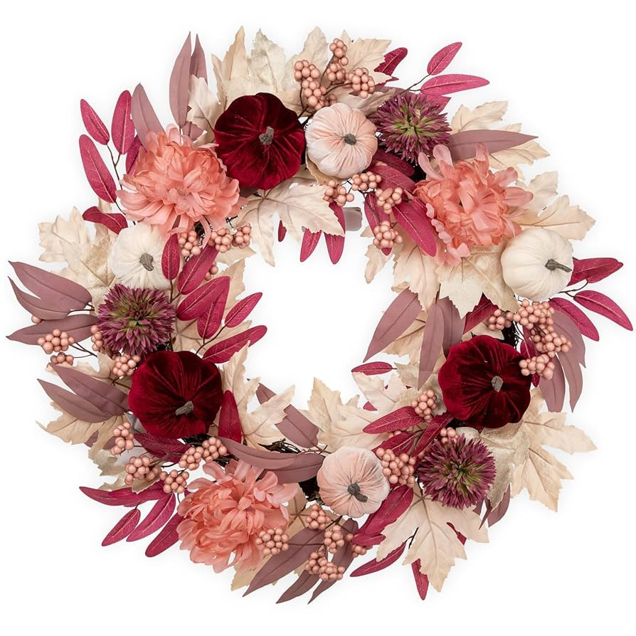 Briful 26" Artificial Fall Wreath with Velvet Pumpkins, Chrysanthemums & Pink Maple Eucalyptus Le... | Amazon (US)