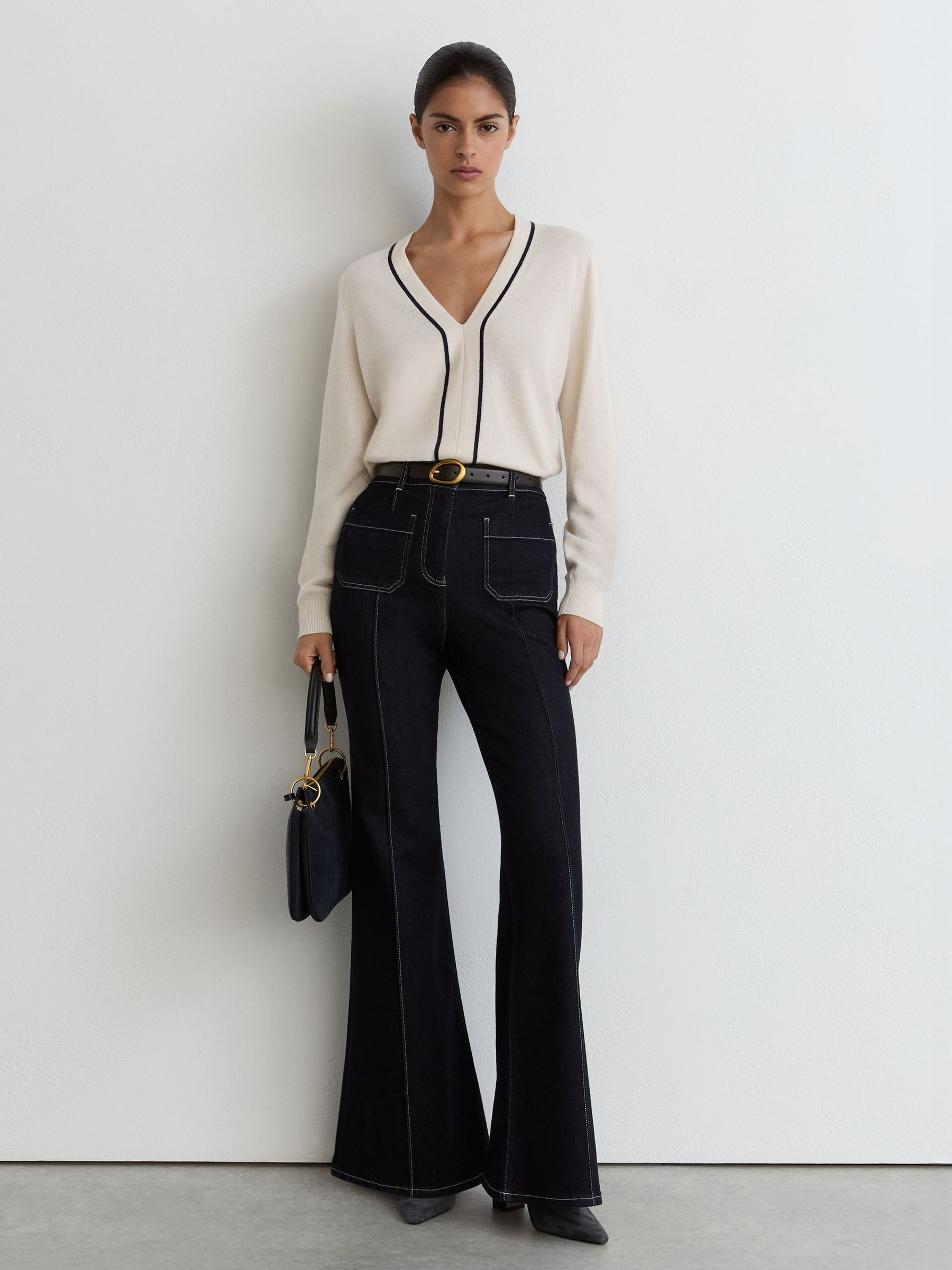Reiss Wool-Blend V-Neck Stripe-Detail Jumper with Cashmere in Ivory/Navy | REISS | Reiss US
