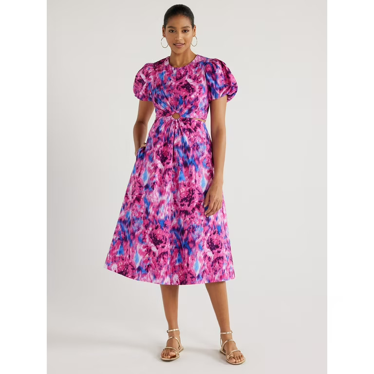 Scoop Women's Cut Out Midi Dress with Puff Sleeves, Sizes XS-XXL | Walmart (US)