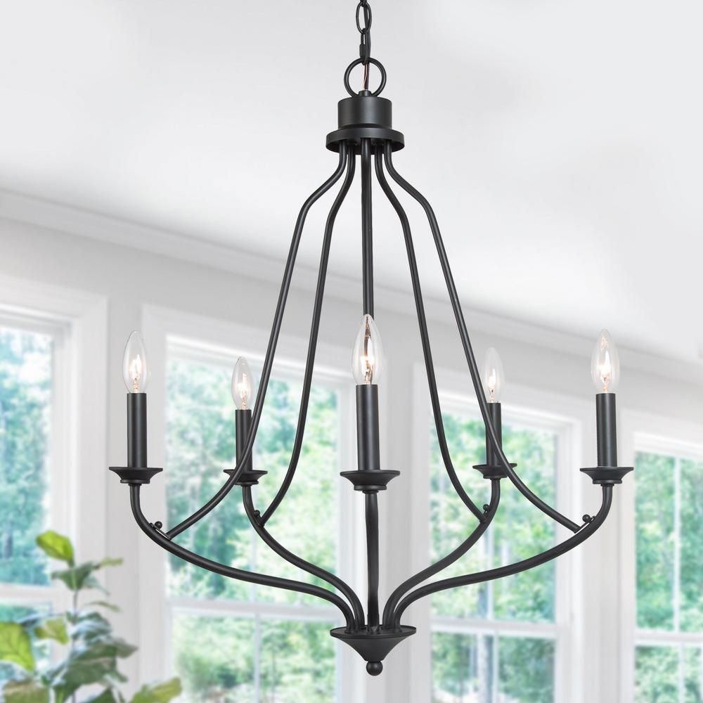 Uolfin 28.5 in. 5-Light Farmhouse Modern Black Metal Chandelier with Candlestick style | The Home Depot