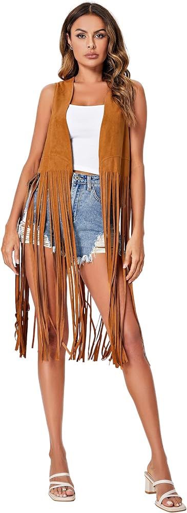 GORGLITTER Women's Fringe Tassel Hippie Faux Suede Vest Sleeveless Open Front Cardigan | Amazon (US)