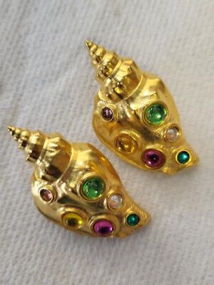 Vintage JJ Jonette Gold Tone Multi Color Stone Large Conch Shell Earrings  | eBay | eBay US