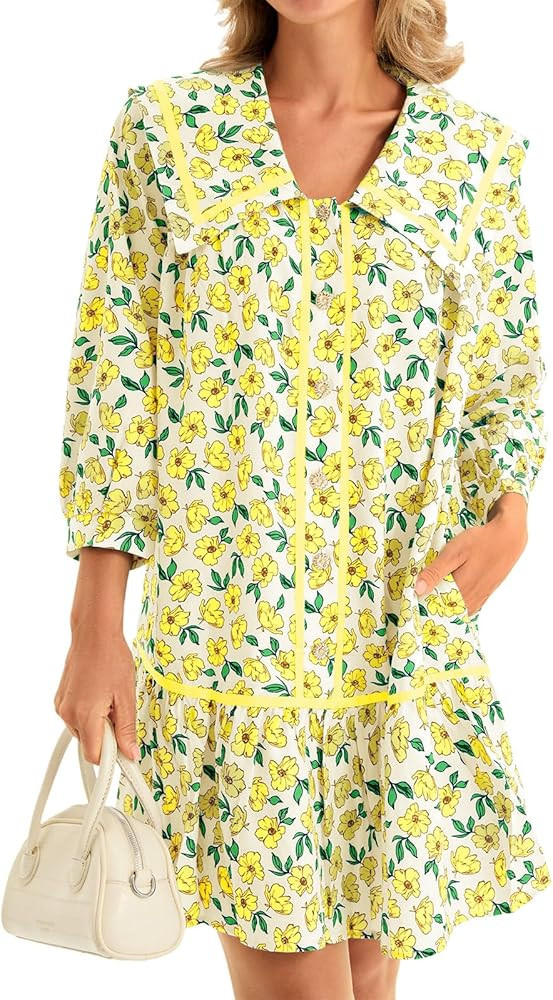 Wenrine Womens Casual Shirt Dresses 3/4 Long Sleeve Floral Button Down Flowy Babydoll Fall Mini D... | Amazon (US)