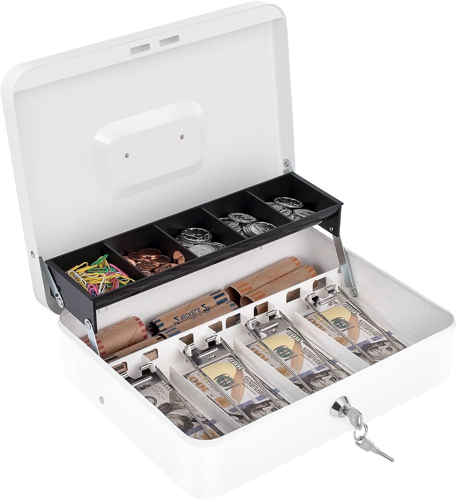Cash Box with Money Tray and Lock, Money Box for Cash, Cash Register for Small Businesses, Metal ... | Amazon (US)
