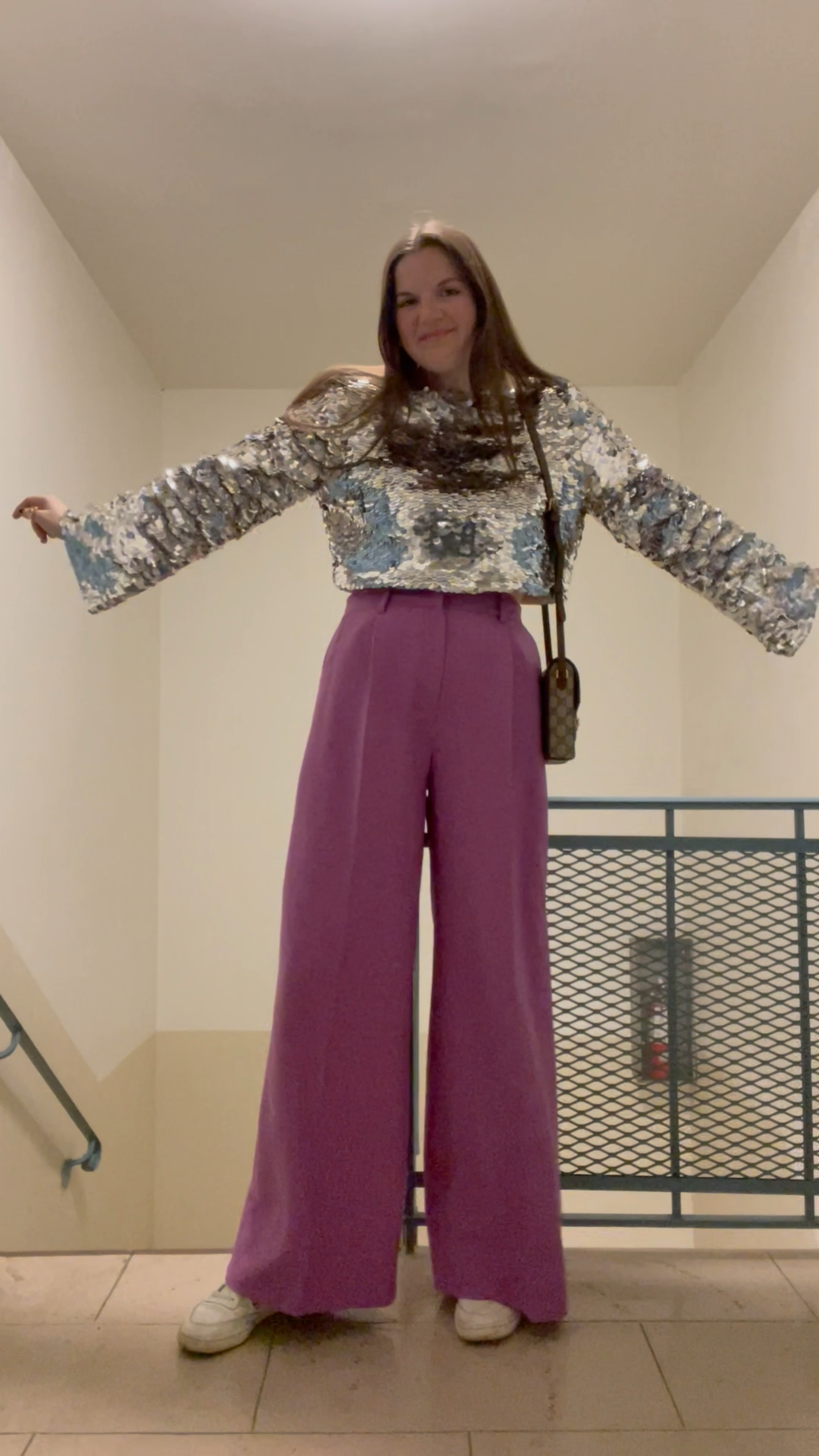 H&m purple, gold and silver sequined top, budget friendly, affordable, on sale now, holiday outfit, harry styles concert outfit, reebok sneakers, comfy shoes, date night, nasty gal High Waisted Wide Leg Tailored Pants, purple pants, matching set, monochromatic suit, GUCCI Horsebit 1955 small GG-canvas and leather bag, neutral crossbody, designer purse, gold jewelry from Amazon, rings, Just purchased / new arrival, under $100, 

#LTKsalealert #LTKunder100 #LTKunder50