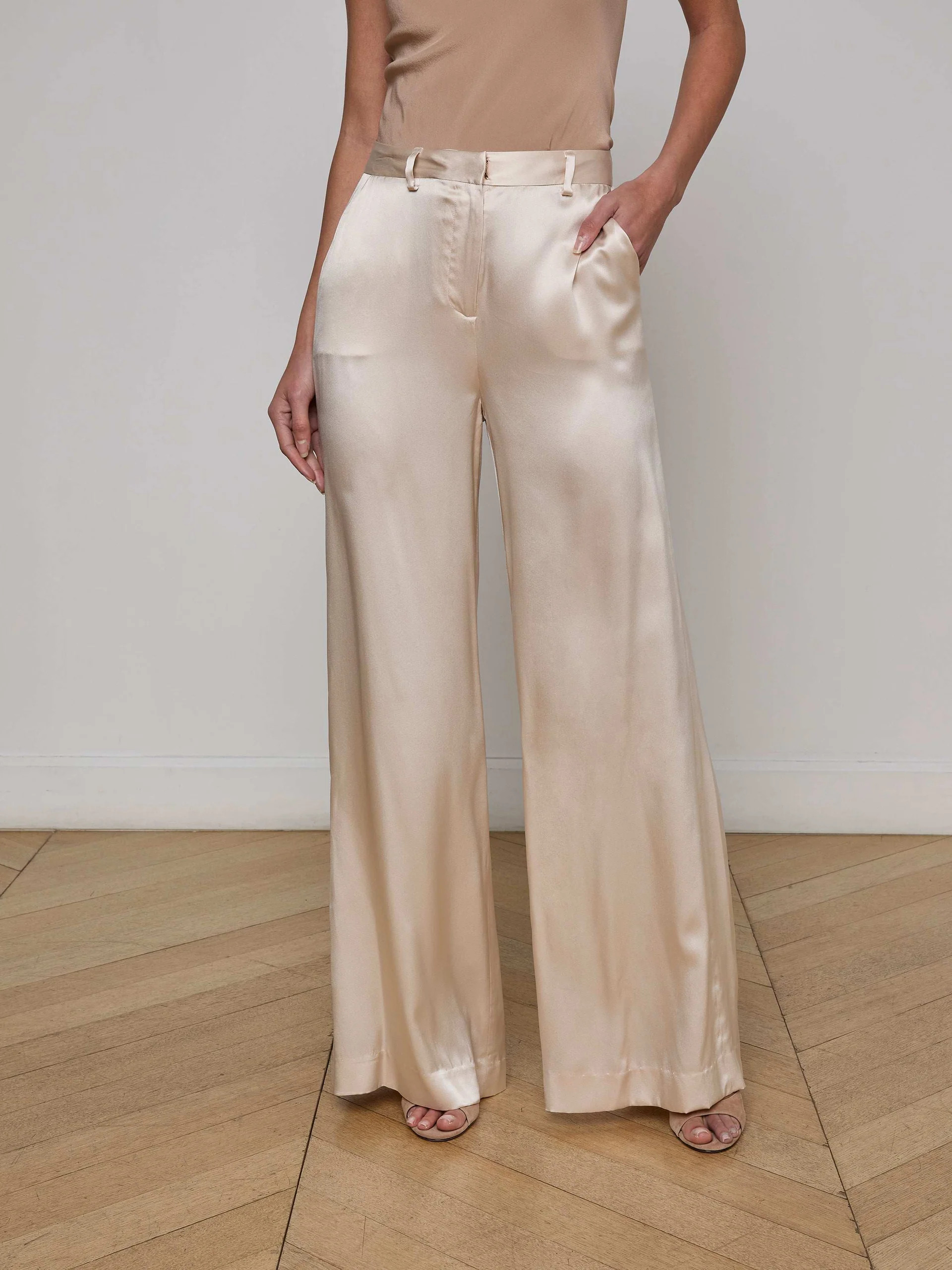 Gavin Silk Wide-Leg Pant in Champagne | L'AGENCE | L'Agence
