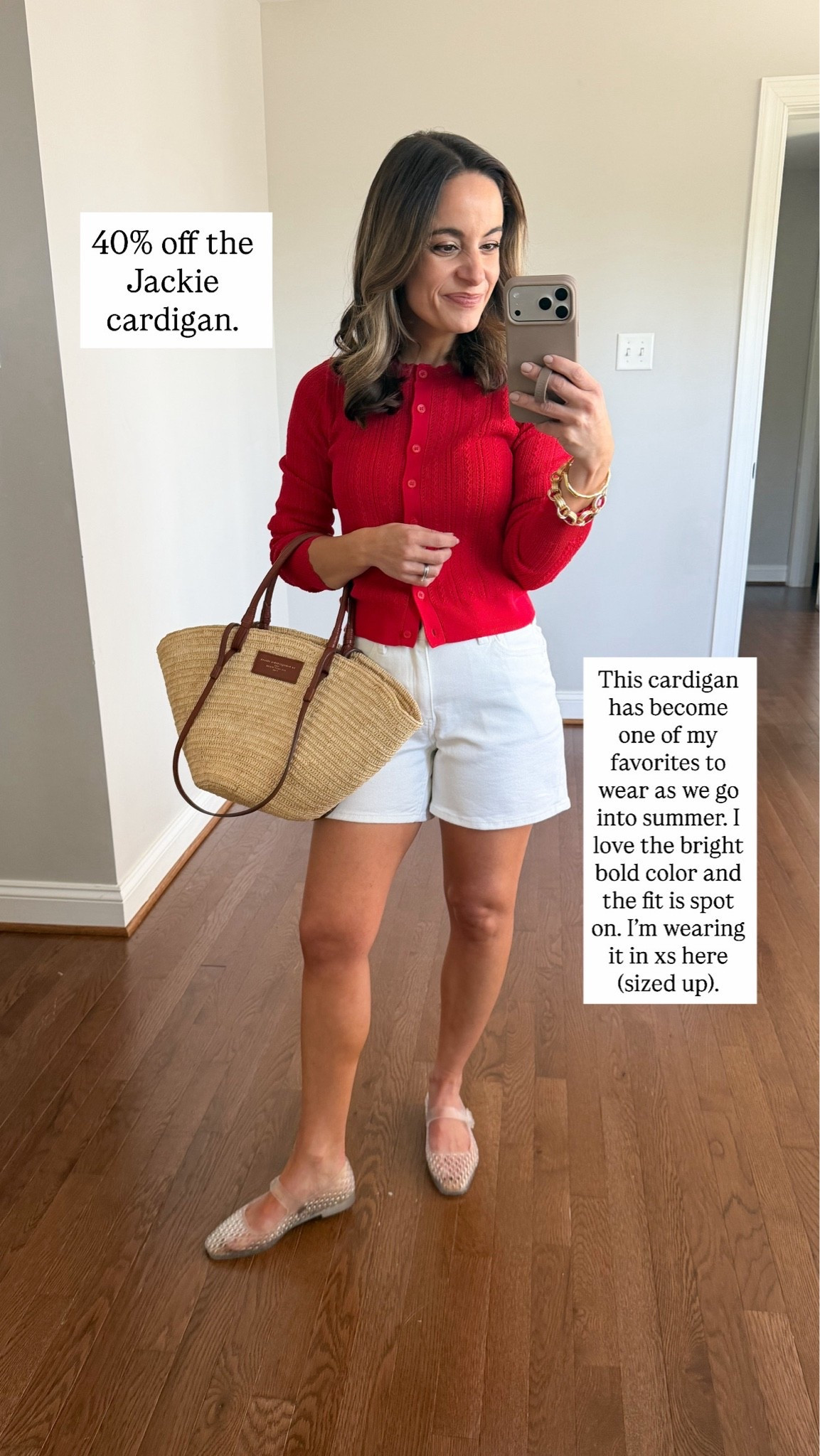 A few things I’ve shared recently are on sale this weekend! 

Red cardigan (J.Crew): xs - sized up (40% off) 
White shorts (Quince): 24 
Shoes (Sam Edelman): true to size
