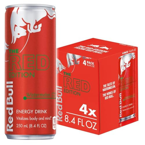 Red Bull Red Edition Energy Drink, Watermelon, with 80mg Caffeine plus Taurine & B Vitamins, 8.4 Fl Oz, Pack of 4 Cans | Amazon (US)