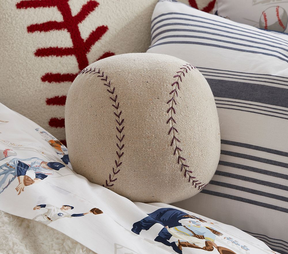 Baseball Shaped Washed Canvas Pillow | Pottery Barn Kids