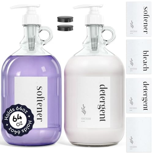 Glass Dispenser Bottle with Labels (2-Pack) - Half Gallon 64 oz. Jars with Leakproof Pump Perfect for Laundry, Fabric Softener, Kitchen Soap, Bleach, Shampoo, Syrup | Amazon (US)