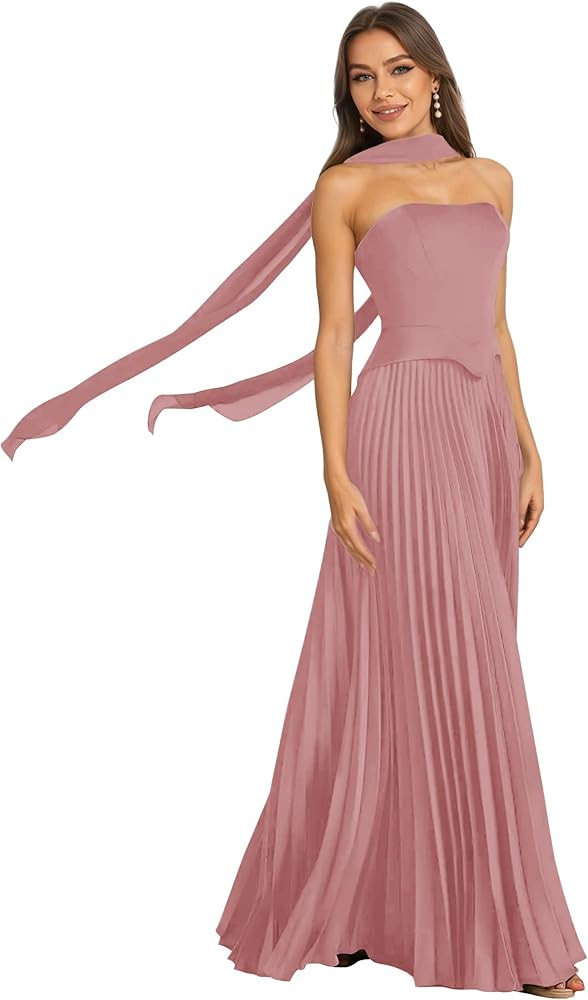 Vestidos de dama de honor de satén para mujer, corsé sin tirantes, acampanado, fruncido, largo,... | Amazon (US)