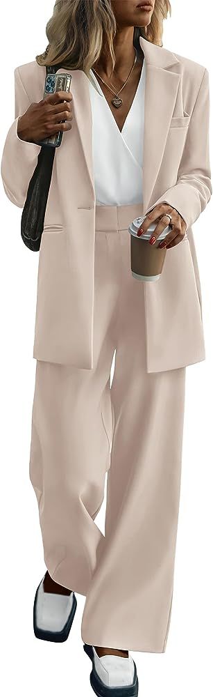 PRETTYGARDEN Women's 2023 Fall Two Piece Outfits Blazer Jacket and Wide Leg Pants Pockets Business C | Amazon (US)