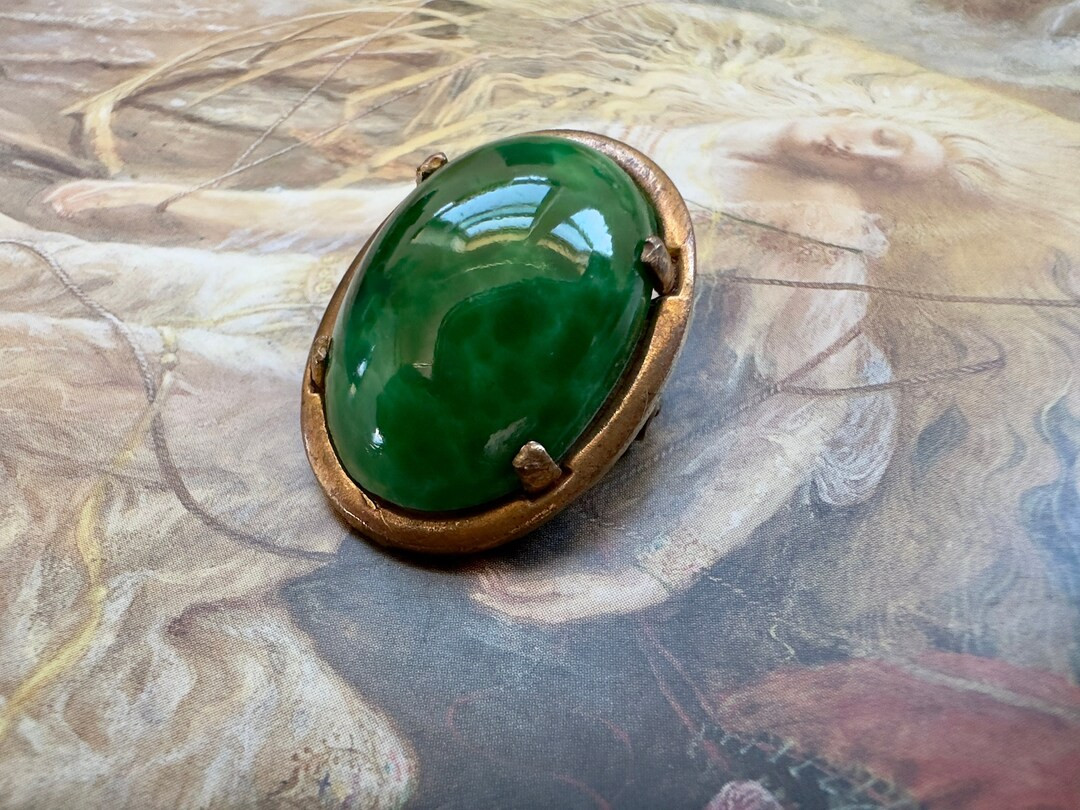 Vintage Rare Old Solid Brass Malachite Green Art Glass Glass UPCYCLED Deco Pin Brooch 1 1/8" - RE... | Etsy (US)
