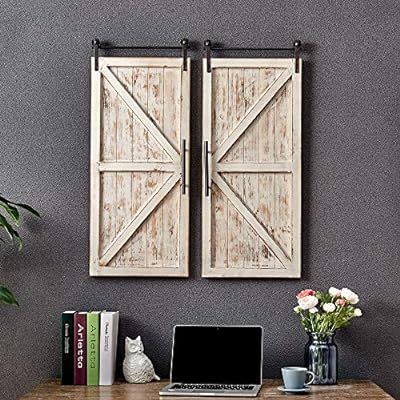 FirsTime & Co. Carriage House Barn Door Wall Plaque Set, 34"L x 14"W, Aged White, Metallic Gray | Amazon (US)