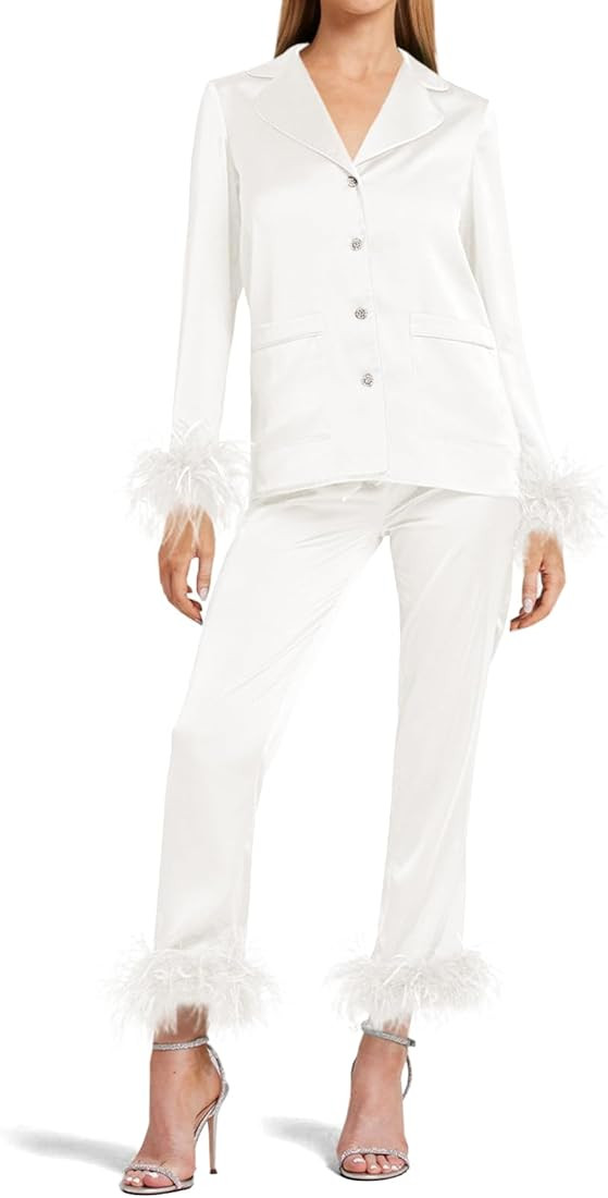 Women's Silk Satin Pajama Set Feather Trim Bridal Long Sleeve Pocketed Lounge Sets Sleepwear (Rem... | Amazon (US)