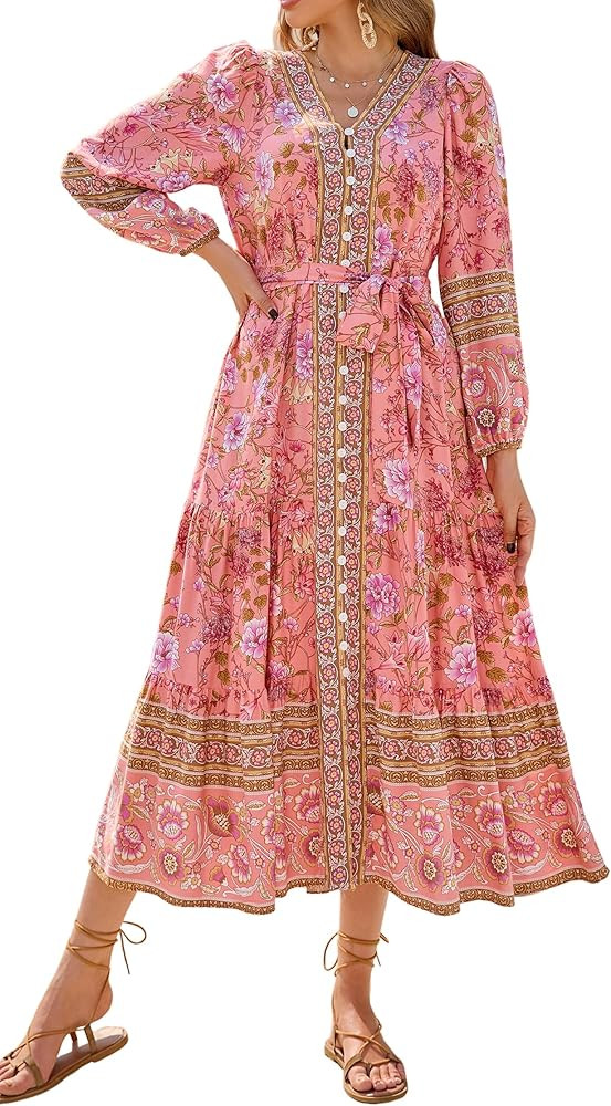 R.Vivimos Women's Long Sleeve Boho Midi Dress V Neck Floral Print Casual Button Down Loose Ruffle... | Amazon (US)