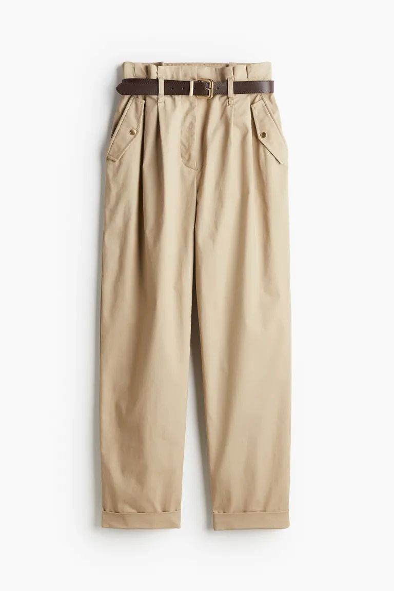 Paper Bag Pants with Belt - Beige - Ladies | H&M US | H&M (US + CA)