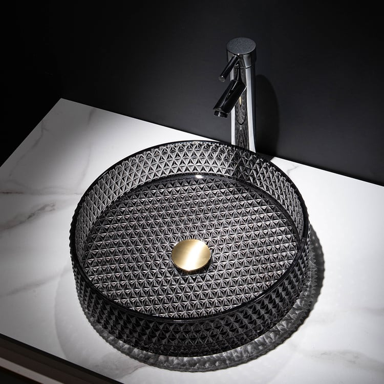 15" Vessel Transparent Diamond Shaped Crystal Glass Bathroom Wash Sink in Black | Homary
