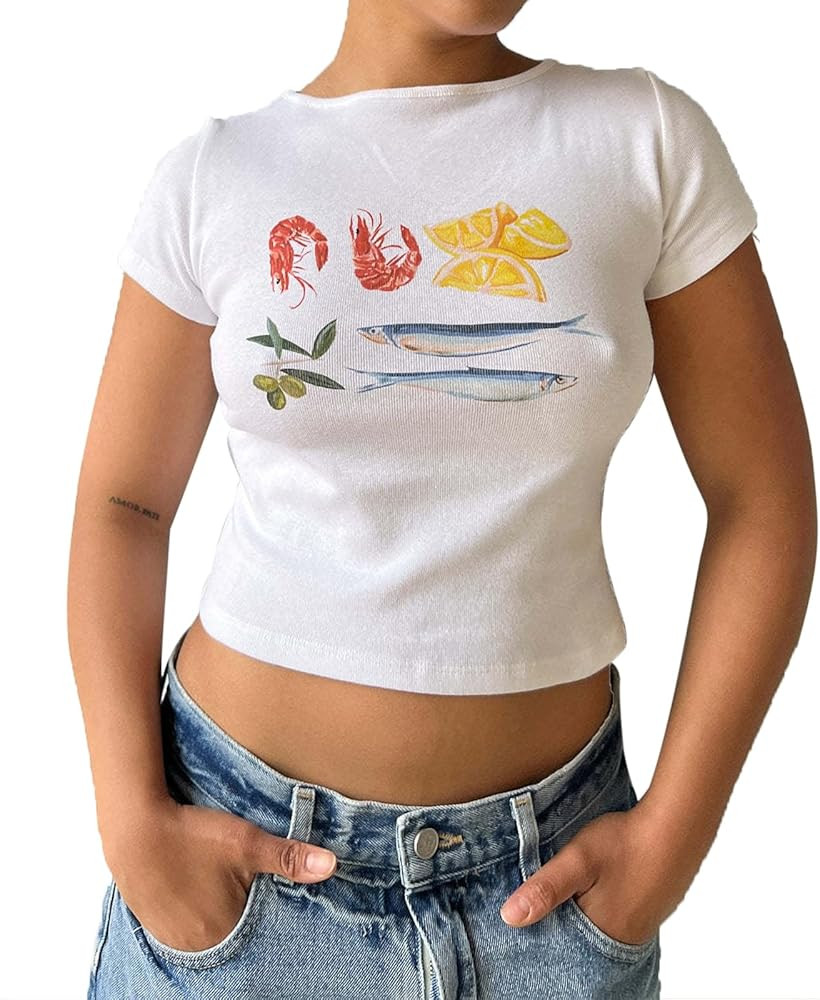 Women Graphic Baby Tees Y2k Short Sleeve Slim Fit Crop Tops Teen Girls Cute Aesthetic Clothes | Amazon (US)