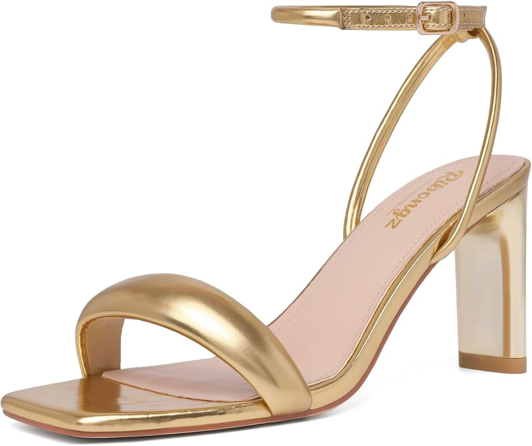RIBONGZ Womens Sandals Dressy Gold Strappy Square Open Toe Chunky Heels Ankle Strap Kitten Sexy H... | Amazon (US)