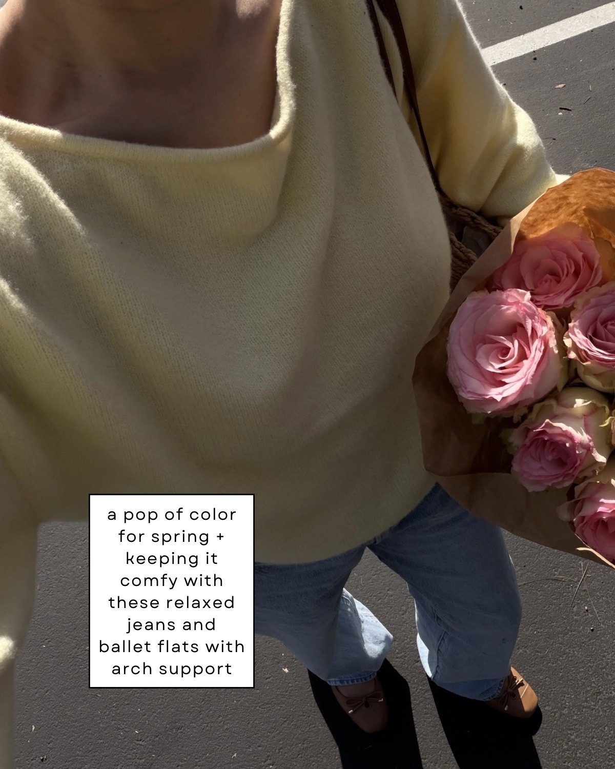 Spring outfit with a pop of color 

Abercrombie sweater 
Wide leg jeans 
Vionic ballet flats — have arch support 

#LTKootd