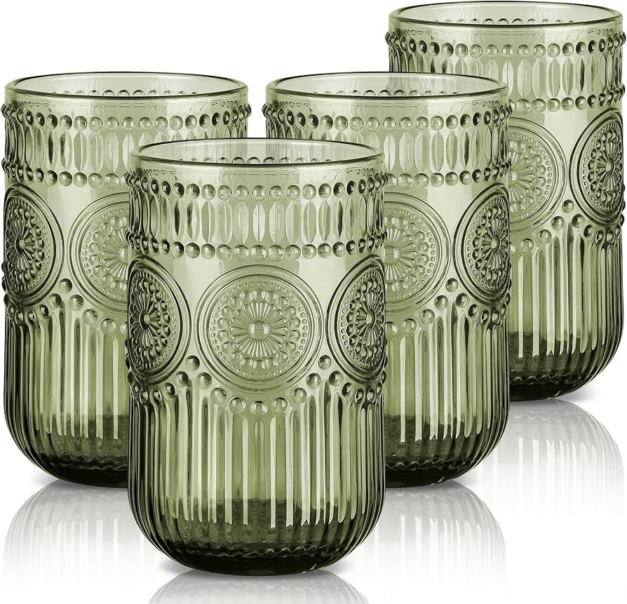 Joeyan Vintage Green Drinking Glasses Set of 4,14 oz Embossed Sunflower Beaded Highball Glass Wat... | Amazon (US)