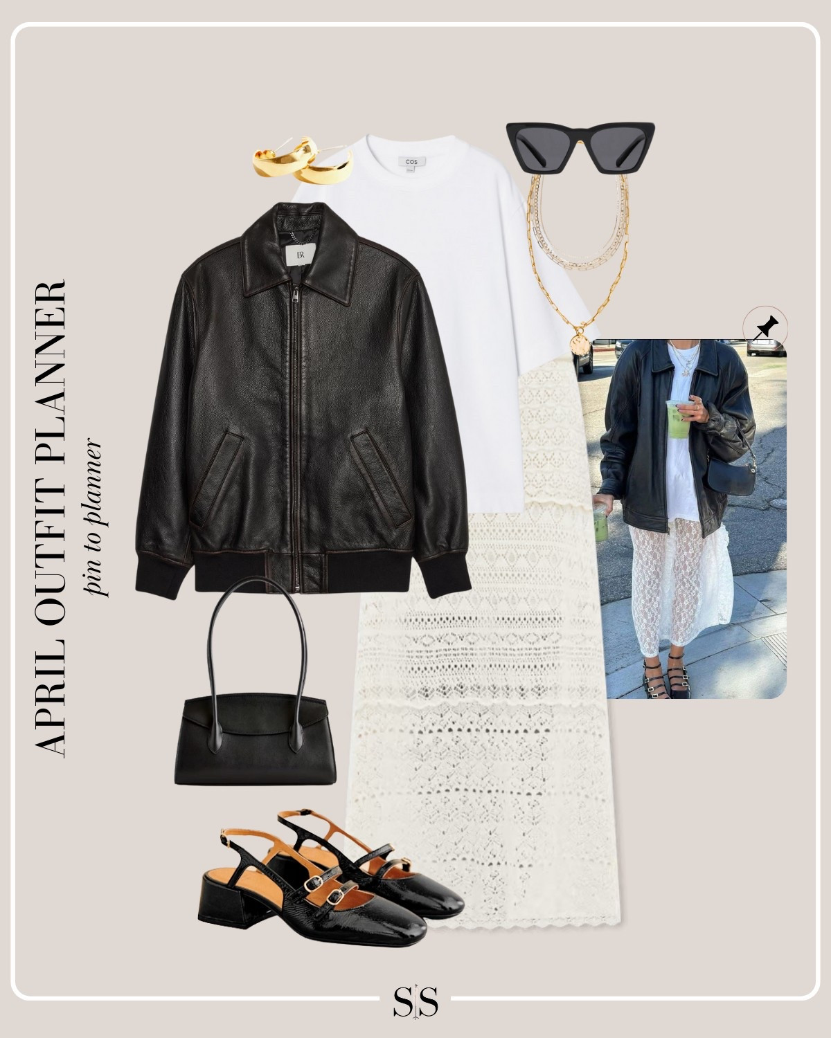 Monthly outfit planner APRIL Spotlight: Spring transitional looks, pin to planner outfit inspo | leather bomber jacket, lace maxi skirt, oversized tee, leather ballet flats

#springoutfit #casualstyle #leatherandlace #edgystyle #femininestyle

Image credit: Pinterest 

#LTKStyleTip