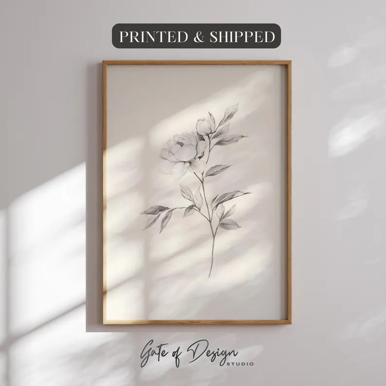 Framed Botanical Line Art Print: Vintage Peony Sketch, Neutral Home Decor - Etsy | Etsy (US)