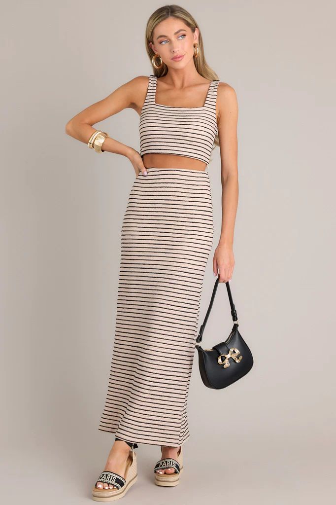 Glimpse of Life Taupe Stripe Knit Maxi Skirt | Red Dress