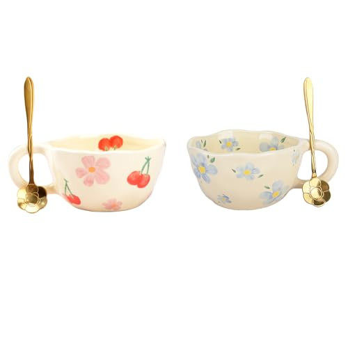 XinHuiGY Cute Coffee Mug,Ceramic Tea cup,Kawaii coffee mugs,Handmade Creative Flower Pink mug with Spoon,Aesthetic mugs for milk Cappuccino Cocoa,8.5 oz Cheery Mug Gift for Women Christmas (P+B) | Amazon (US)