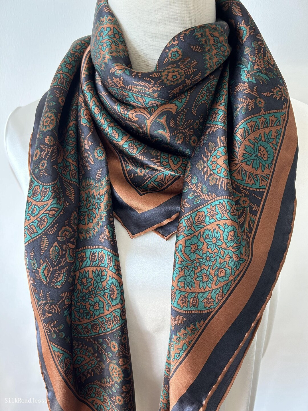 Mulberry Silk Scarf: Turquoise Green Copper Paisley Shawl (43"x43") - Etsy | Etsy (US)