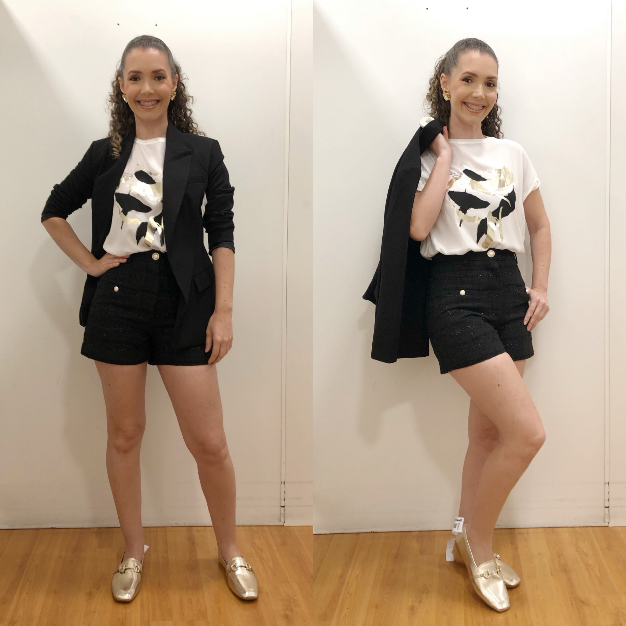 Look cara de rica: shorts tweed preto + T-shirt com estampa frontal + blazer acinturado preto + mocassim metalizado.

Todas as peças são da @riachuelo.
#modafeminina #lookdodia #ltkbrasil


#LTKbrasil #LTKstyletip