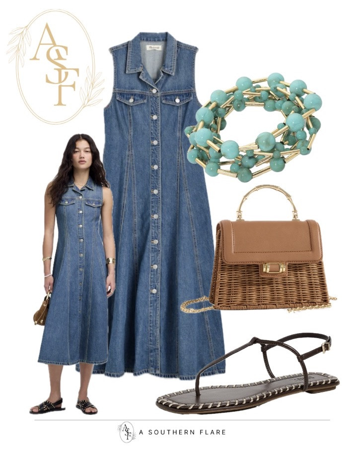 Summer Fashion/casual Jean dress/ sandals, turquoise bracelets, classic summer bag