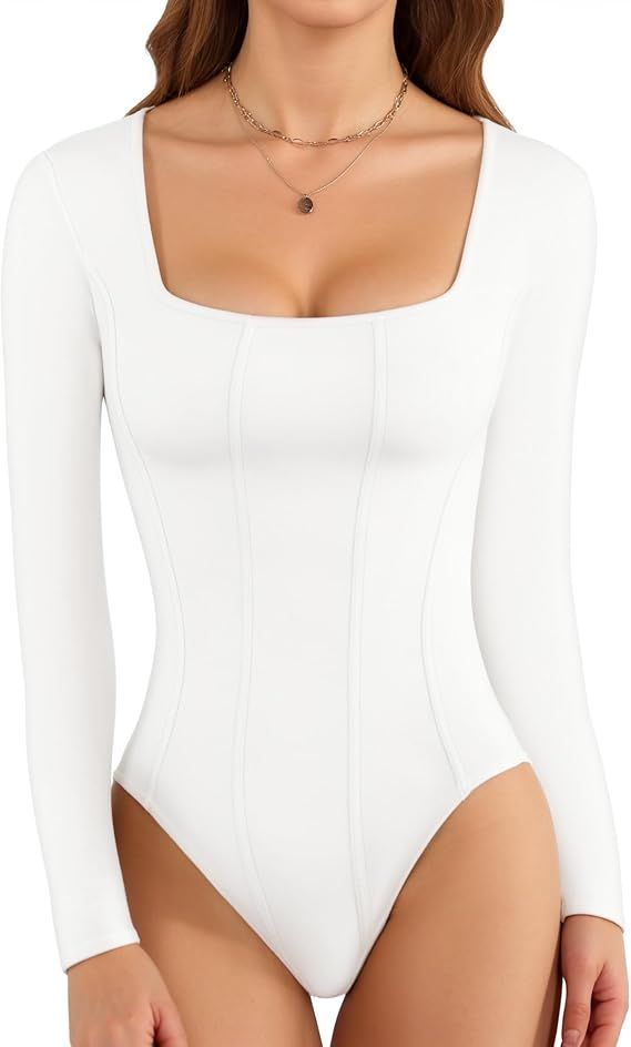 MANGOPOP Square Neck Body Suits for Womens Long Sleeve Black Bodysuit Tops | Amazon (US)