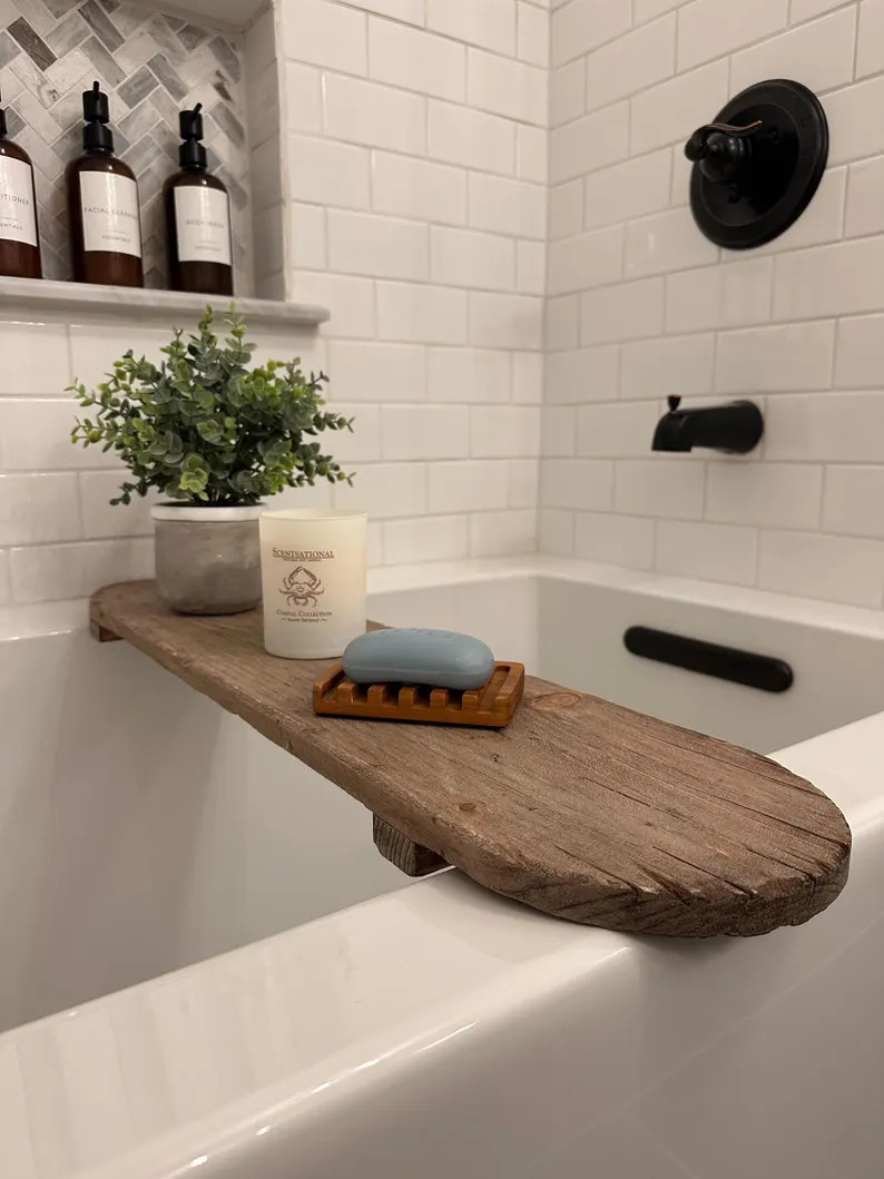 Rounded Edge Bath Caddy Rustic Distressed Wood Farmhouse Handmade Tray Shelf Bathtub Decor - Etsy | Etsy (US)