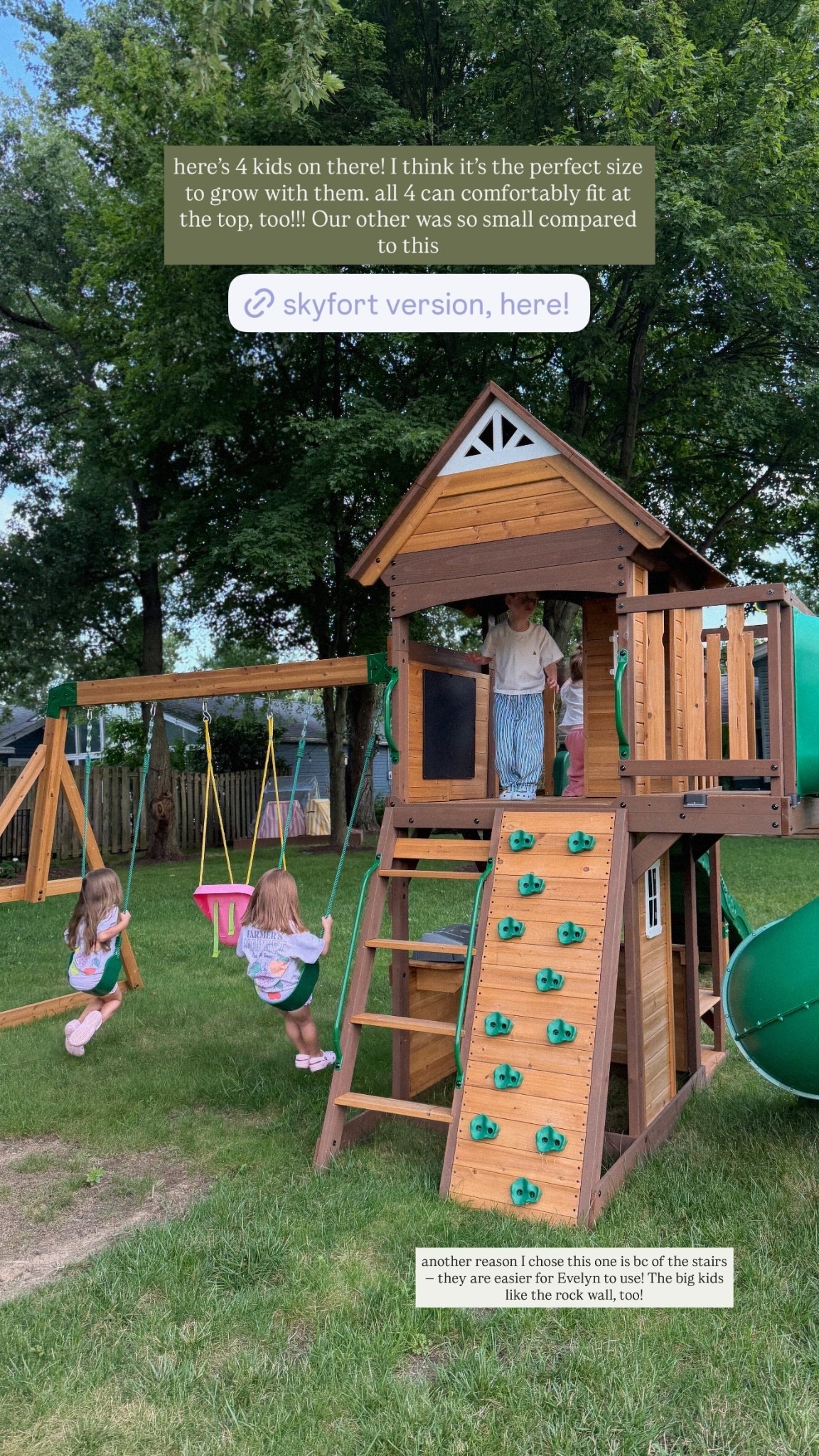 here’s 4 kids on there! I think it’s the perfect size to grow with them. all 4 can comfortably fit at the top, too!!! Our other was so small compared to this  another reason I chose this one is bc of the stairs — they are easier for Evelyn to use! The big kids like the rock wall, too!