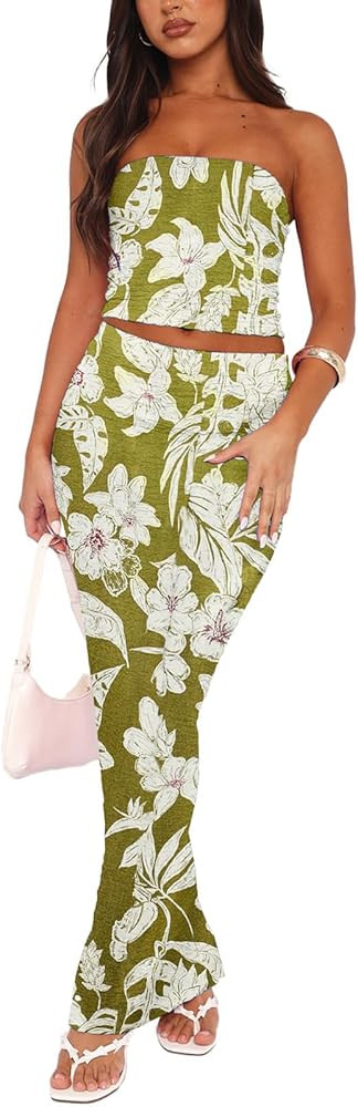 Two Piece Dress Outfits for Women Sleeveless Tube Tops Bodycon Maxi Dress Summer Strapless Crop T... | Amazon (US)