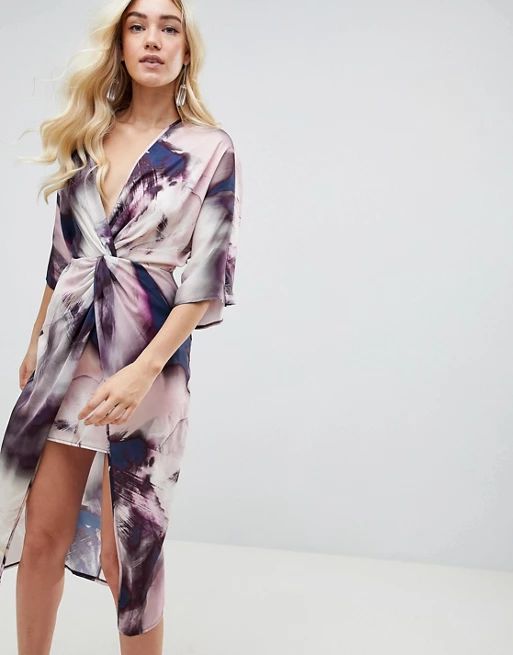 ASOS DESIGN knot front kimono midi dress in abstract print | ASOS US
