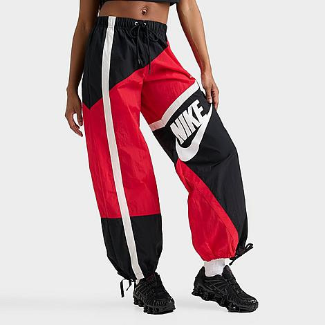 Nike Women's Sportswear Street Mid-Rise Loose Woven Open-Hem Pants in University Red/Black Size: Small | Finish Line (US)