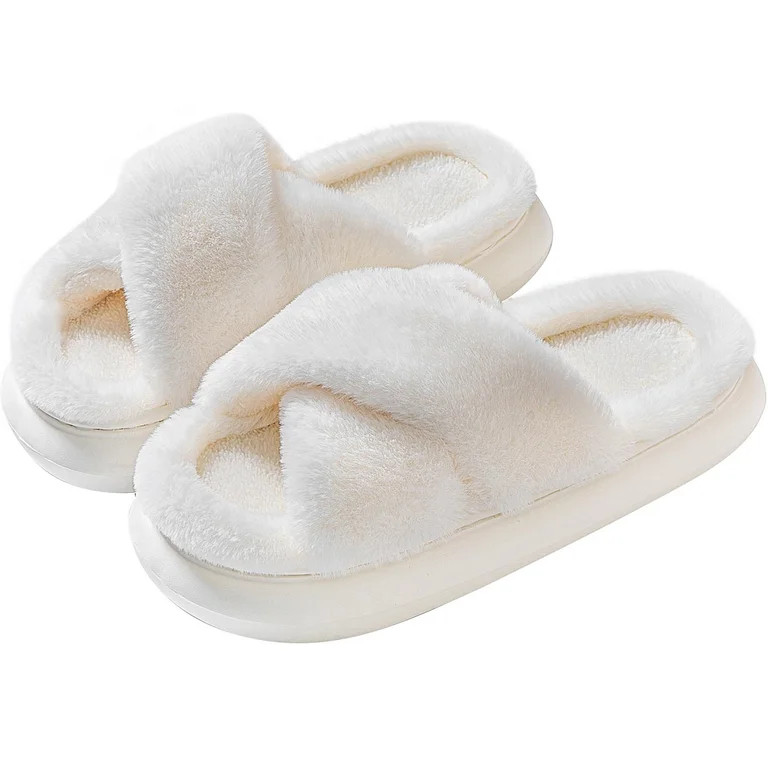 Slippers for Women Indoor, Women's Fuzzy Slippers, Cross Band Slippers Indoor Outdoor Soft Open T... | Walmart (US)