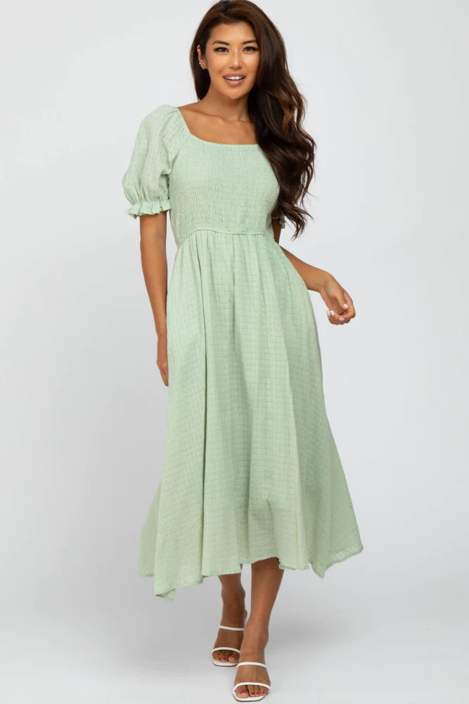 Mint Smocked Puff Sleeve Midi Dress | PinkBlush Maternity
