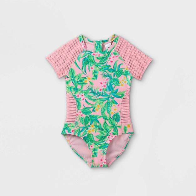 Girls' Floral Print Crochet Short Sleeve One Piece Rash Guard - art class™ Pink | Target