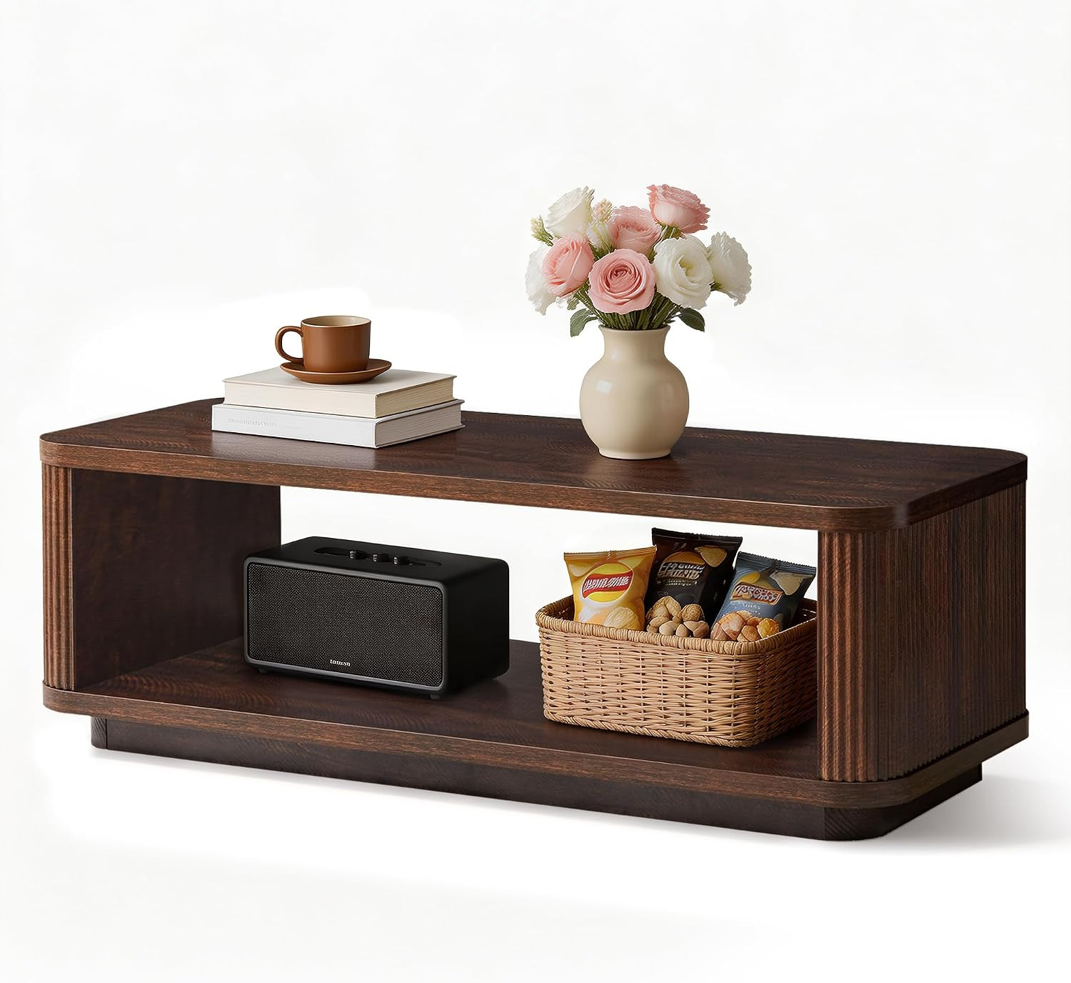 47inch Fluted Curved Coffee Table with Open Shelf,Dark Walnut | Amazon (US)