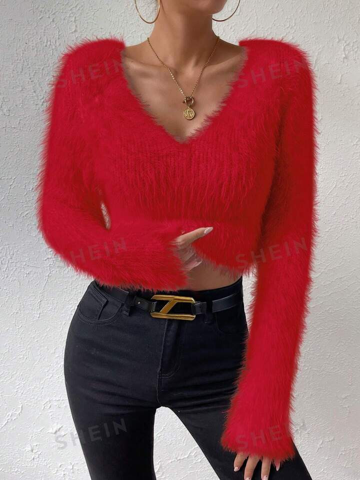 SHEIN Essnce V-neck Long Sleeve Cropped Sweater | SHEIN