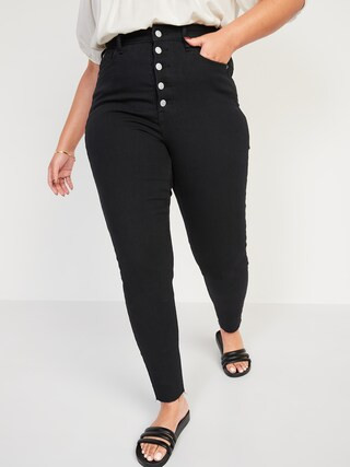 Higher High-Waisted Button-Fly Rockstar 360° Stretch Super Skinny Black Cut-Off Jeans for Women | Old Navy (US)