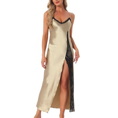 INSPIRE CHIC Women's Long Satin Slit Slip Valentine's Lingerie V Veck Lace Trim Silky Chemise Long Nightgown Champagne Small | Target