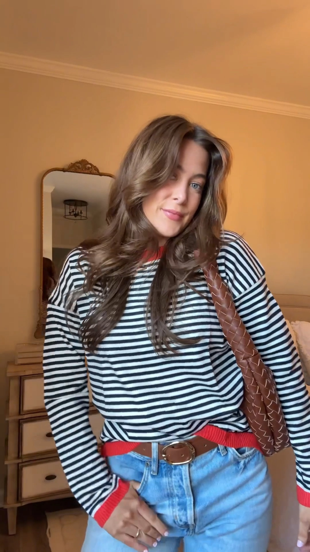 lightweight sweater for only $15! so cute & comfy. perfect colors for spring 🌷💙 wearing size small in the sweater. purse is old from Target but I linked similar options! 

striped sweater, spring fashion, brown belt, sneakers, brown purse, trendy 

#LTKFindsUnder50 #LTKStyleTip #LTKFindsUnder100