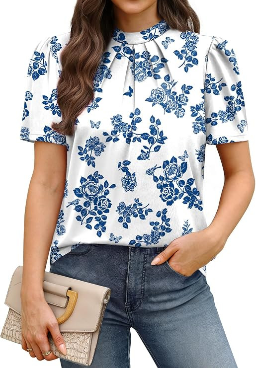 WIHOLL Womens Tops Short Puff Sleeve Shirts Mock Neck Pleated Spring Blouses Dressy Casual Busine... | Amazon (US)