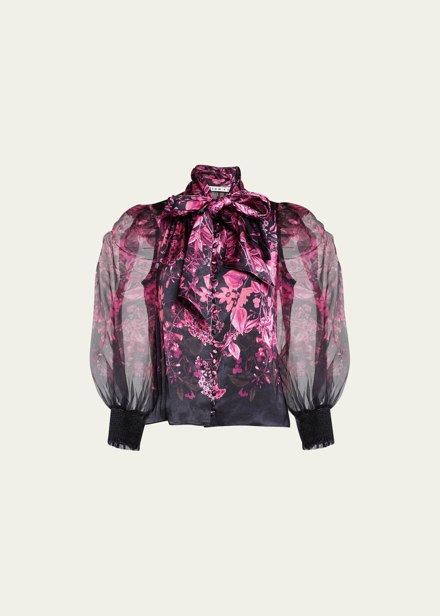 Alice + Olivia Brentley Tie-Neck Blouson-Sleeve Blouse | Bergdorf Goodman
