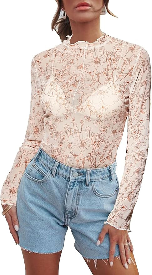 Mesh Long Sleeve Tops for Women Floral Lace Undershirt Sheer Top Mock Neck Fitted Blouse Sexy Goi... | Amazon (US)
